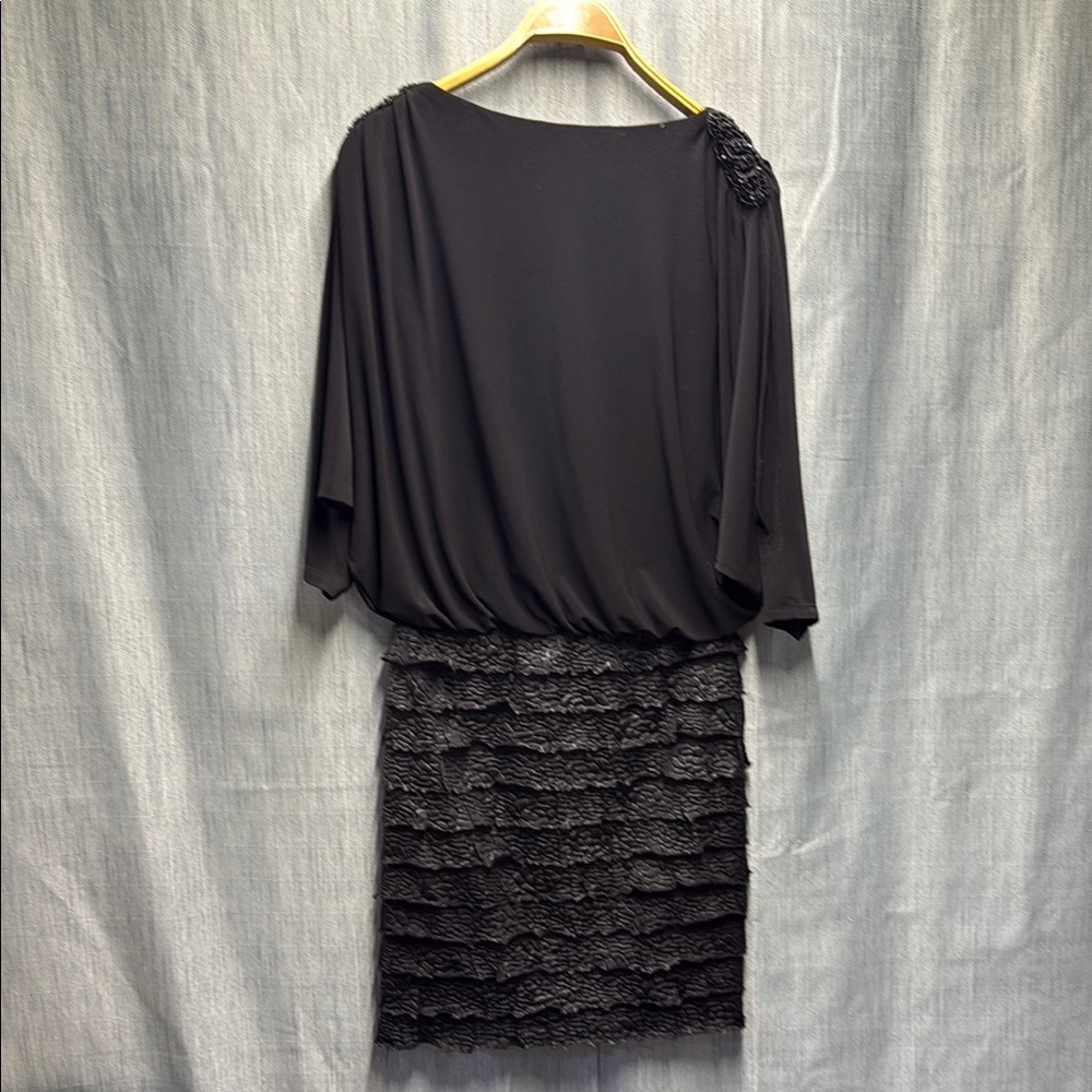 Frank Lyman Design Black Asymmetrical Sheath Dress with Dolman Sleeves